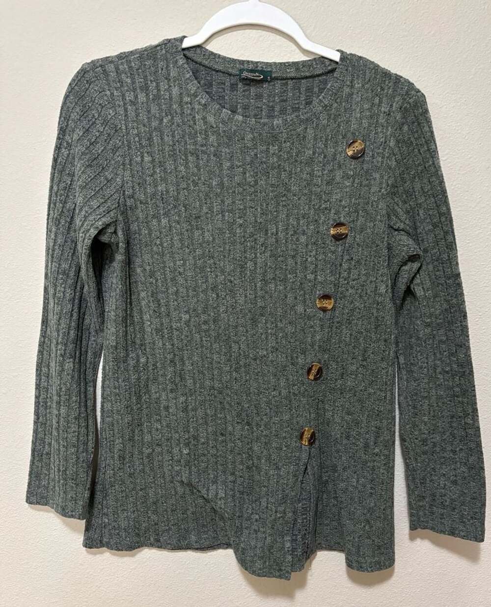 Side Split Button Ribbed Knit Tunic Top Chunky Buttons Dark Grey Size S